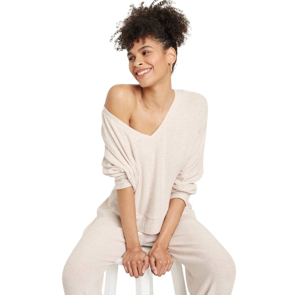 Auden Women's Cream Cozy Ribbed Batwing V Neck Sleepwear Top Size XL